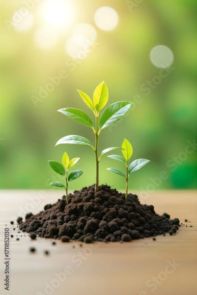 Fototapeta A young green plant sprouting from soil with sunlight in the background