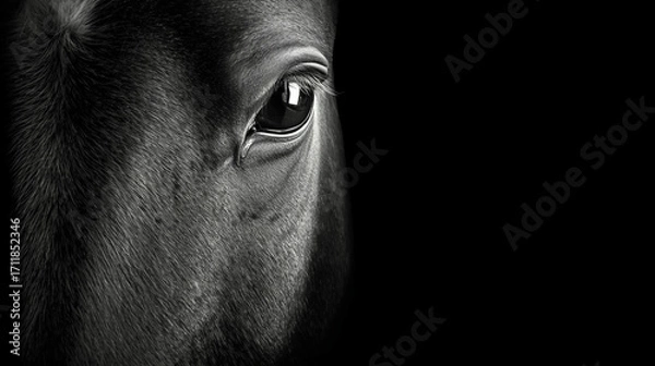Fototapeta Close up of a black horse’s head with an intense, bright eye. Space for text 