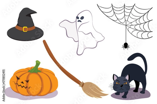 Fototapeta Halloween set. Elements design, ghost, pumpkin, cat, spider and witch hat. Cartoon characters on white background.
