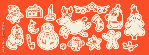 Fototapeta Vector illustration in simple hand drawn style, in trendy playful whimsical quirky style, for Christmas and New Year prints, cards, banners, with funny and friendly mascots and characters