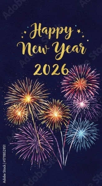 Fototapeta Vibrant fireworks burst against a dark navy background, a festive New Year 2026 greeting.