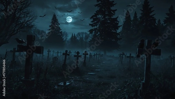 Fototapeta Spooky Graveyard at Night