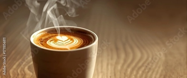 Obraz Aromatic Latte Steaming on a Wooden Table