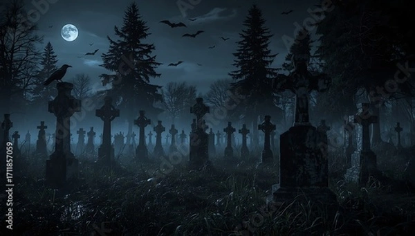 Obraz Spooky Graveyard at Night