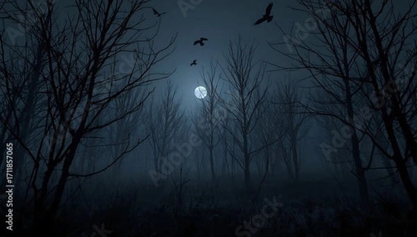 Obraz Dark Forest Night Spooky Full Moon Scene