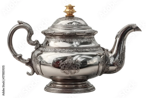 Fototapeta Elegant silver teapot with golden knob showcasing intricate detailing and reflective surface on transparent background