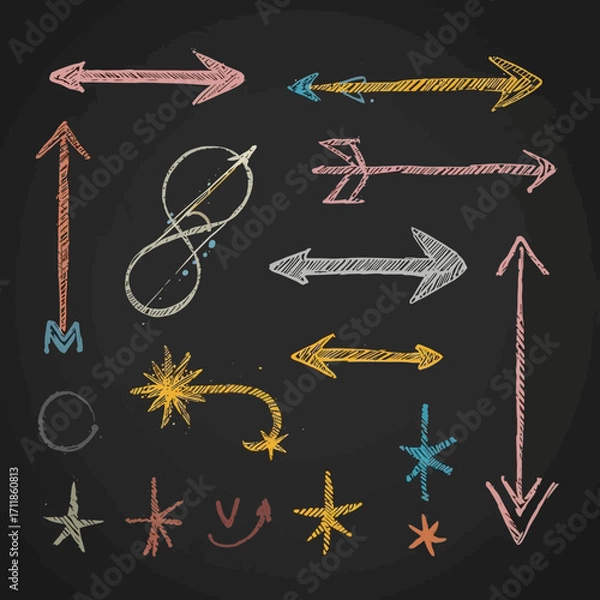 Fototapeta Chalkboard drawings with arrows, stars, and symbols in colorful sketches. Suitable for educational presentations, social media posts, and graphic design projects.