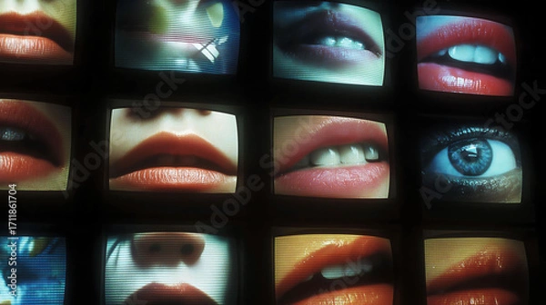 Fototapeta Frontal wall of TVs showing lips and eyes blinking and looking around randomly. Fixed perspective, only eyes move