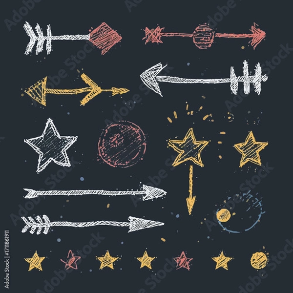 Fototapeta Chalk drawings of arrows, stars, and circles on a blackboard. Perfect for educational presentations and creative design projects.