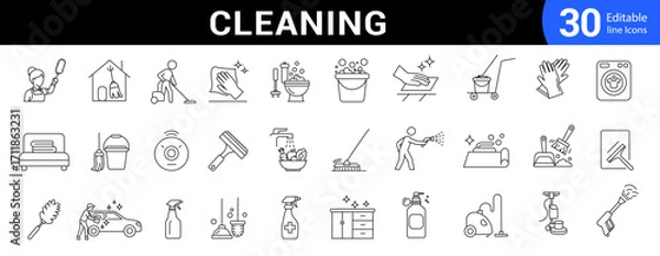 Fototapeta Cleaning line Icons set. Clean related line icons Washing, Vacuum Cleaner, Detergent, Household Cleaning Tools and Appliances. Editable stroke. Vector illustration