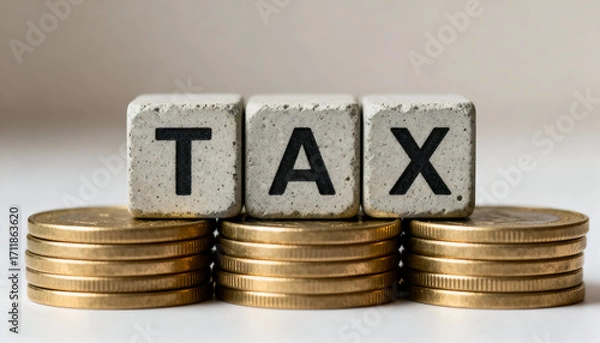 Fototapeta Concrete textured cubes displaying the word TAX over piles of coins