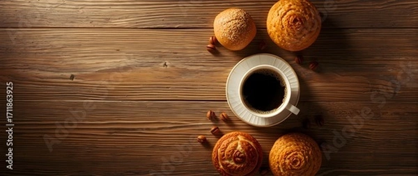 Obraz Aromatic Coffee and Baked Goods on Rustic Wooden Tabletop