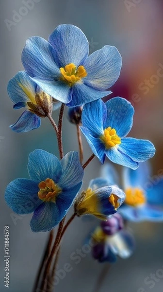 Fototapeta Close-up of delicate, light blue flowers with yellow centers