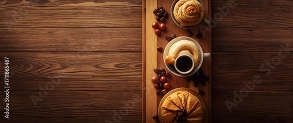 Obraz Delicious coffee and pastries on a rustic wooden table
