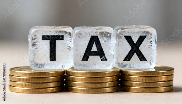 Fototapeta Frozen ice blocks spelling TAX arranged carefully on shiny coins