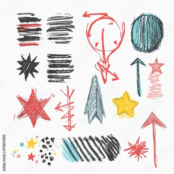 Fototapeta Handdrawn stars, arrows, and abstract shapes ideal for design projects needing a touch of whimsical charm and creativity. Suitable for graphic design projects.