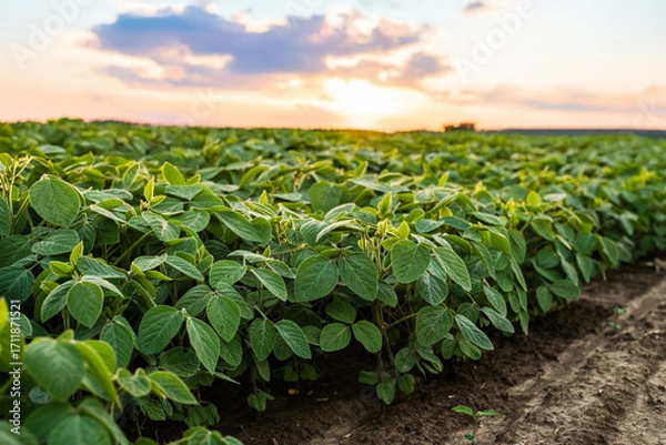 Obraz Rows of soybean plants growing on fertile farmland at sunset