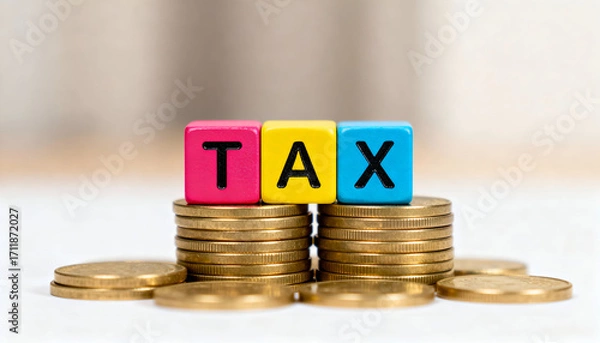 Fototapeta Colourful cubes in bright matte shades spelling TAX on coin stacks