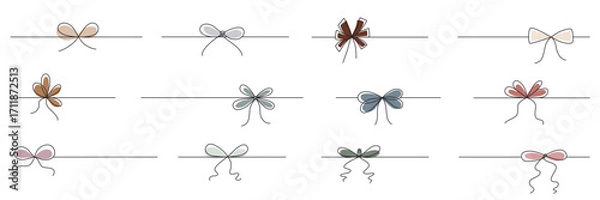 Obraz Hand drawn girly coquette bow ribbons set. Editable stroke line. Vector stock illustration isolated on white background for design template birthday, wedding, Christmas card, invitation, sale banner