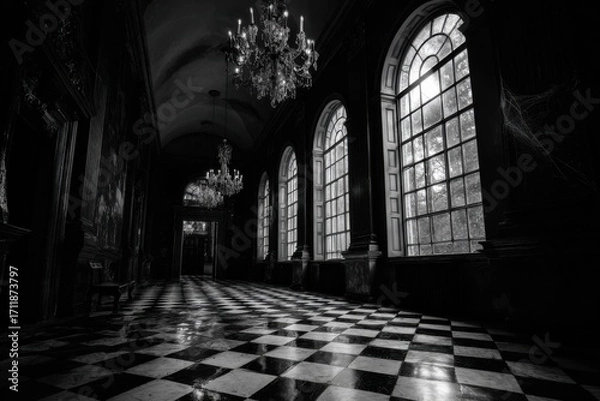 Obraz dark gothic hallway with tall arched windows crystal chandeliers and black white checkered marble floor mysterious interior concept of architecture magazine film production visual design