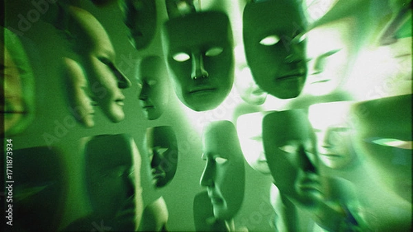 Fototapeta Lots of spinning theatre masks with dramatic light and shadow in stylised green night vision style with glitch TV noise.