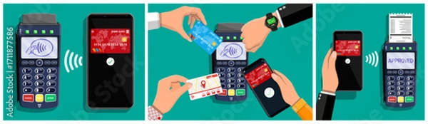 Fototapeta Man and woman making contactless payment with credit cards, smartphone, watch and city pass. Digital transaction and mobile payment concept.