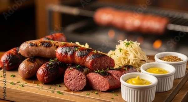 Fototapeta Close-up shot of grilled sausages with sauerkraut and mustard dips on a wooden board.