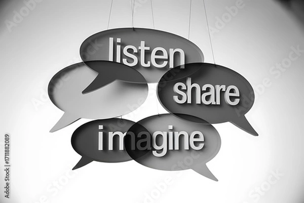 Obraz Inspiring speech bubbles with 'listen', 'share', and 'imagine' encourage communication and creative thinking in a modern, abstract concept.