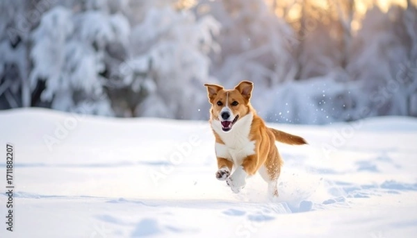 Obraz An energetic, happy dog runs joyfully through fresh snow in a sun-drenched winter scene