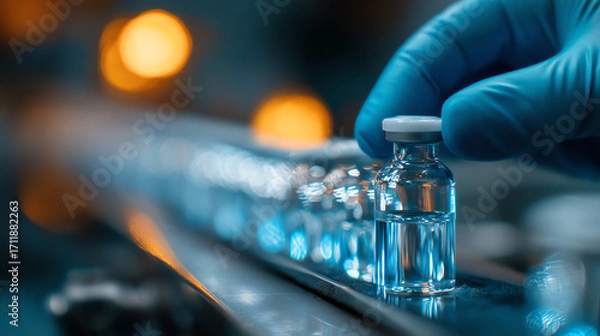 Fototapeta A gloved hand holds a vaccine vial on a production line with multiple vials, highlighting pharmaceutical manufacturing and vaccine distribution processes