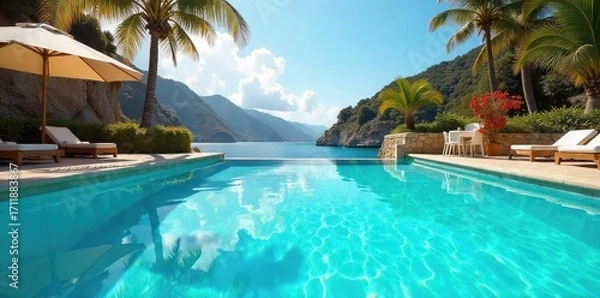 Fototapeta Vibrant turquoise pool water shimmers under the summer sun, inviting a refreshing dip Crystal clear, the water reflects the surrounding sunny sky , sunlit, relaxation