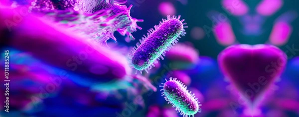 Fototapeta Vivid purple bacteria with heart-shaped background, ideal for medical, science, and microbiology stock photo/video content. Gut health concept
