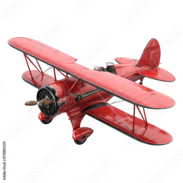 Fototapeta Vintage red airplane model for home decor or collection display on a transparent background, cut out