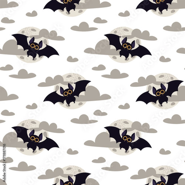 Fototapeta Seamless Pattern with Cute Bats, Moon and Clouds on Midnight Blue Background. Halloween Repeat Background for Textile, Packaging, Wallpaper, Web Design and Festive Decor