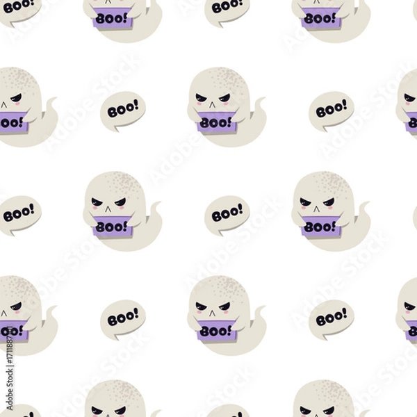 Fototapeta Cute Ghost Holding Boo Sign Seamless Pattern. Halloween Spooky Text Background for Textile, Party Decor, Gift Wrap, Scrapbooking and Festive Design