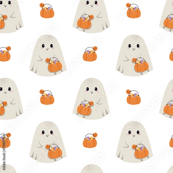 Fototapeta Cute Ghost with Candy Bag and Pumpkin Seamless Pattern. Halloween Repeat Background for Textile, Gift Wrap, Party Decor, Scrapbooking and Festive Design