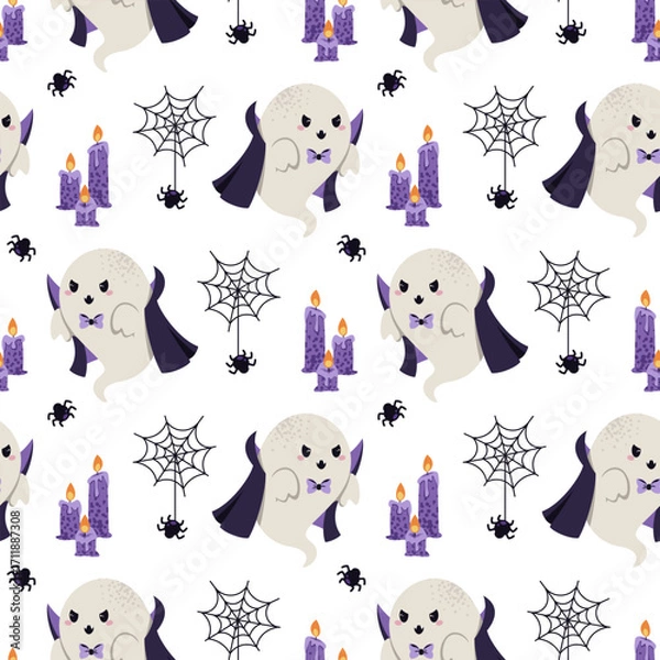 Fototapeta Cute Vampire Ghost with Cobweb and Spider, Candles Seamless Pattern. Halloween Repeat Background for Textile, Gift Wrap, Scrapbooking, Party Decor and Festive Design Projects