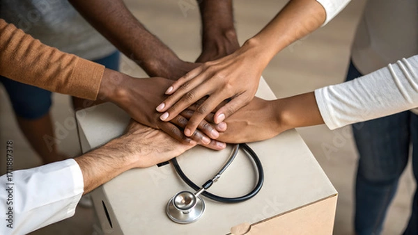 Fototapeta Healthcare Philanthropic Funding Diverse hands joined together over a stethoscope symbolizing unity and teamwork in healthcare.