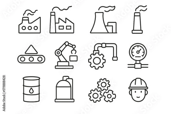 Fototapeta Industrial and manufacturing line icon set. Factory, automation, and engineering symbols. Production, power plant, robotic arm, conveyor belt, and worker vector icons.