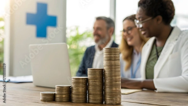 Fototapeta Healthcare Philanthropic Funding Stacks of coins with smiling businesspeople working together at a desk and laptop in an office setting.