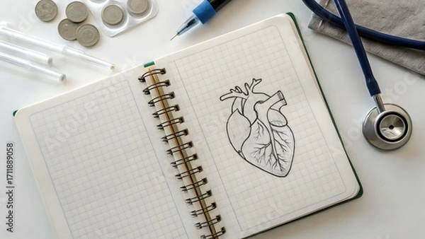 Fototapeta Healthcare Philanthropic Funding A notebook with a heart diagram, pen, coins, and stethoscope on a desk, suggesting a medical or study theme.