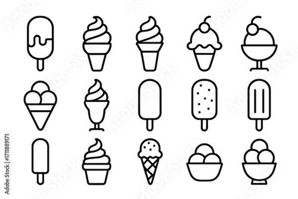 Fototapeta Ice cream line icons set. Popsicle, soft serve, sundae, cone, bowl, dessert symbols. Thin outline editable stroke vector. Minimalist collection for web, books, apps, cards, transparent background
