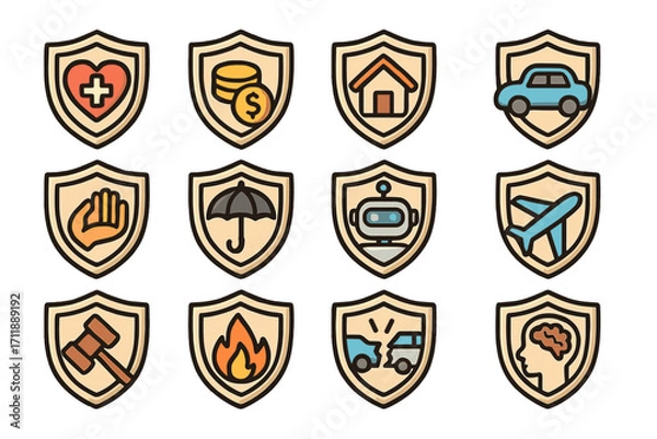 Fototapeta Insurance Icon Bundle Vector Set. Cartoon Shield Symbols for Health, Money, Home, Car, Travel, Accident, Fire, Law, Robotics, Mental Health, Protection, Security. Graphic Resources for Apps and Web