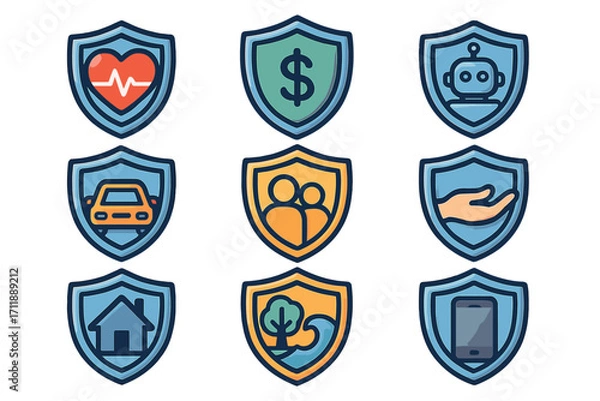 Fototapeta Insurance protection icon bundle shield vector set. Health, money, car, family, home, mobile device, technology, environment, charity, robot, safety, coverage concept illustration