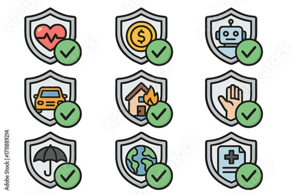 Fototapeta Insurance Icon Bundle Featuring Health, Money, Robot, Car, Home Fire, Hand, Umbrella, Earth, and Medical Document Shield Badges for Web, App, Business, Financial, and Safety Concepts