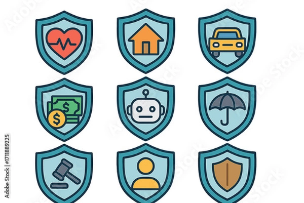 Fototapeta Insurance protection icon set, cartoon shield badges with health, home, car, money, robot, umbrella, law, user, security, financial risk, safety, legal, AI, coverage, vector illustration