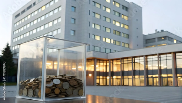Fototapeta Healthcare Philanthropic Funding A transparent donation box filled with coins sits in front of a modern office building.