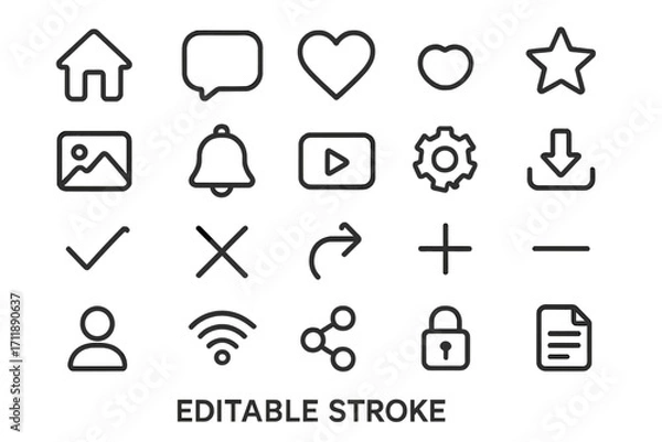 Fototapeta Web interface line icon set for app and website. Simple UI kit with editable stroke. Vector symbols: home, like, share, profile, notification, settings, download.