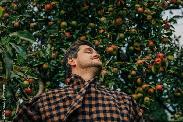 Fototapeta stylish European man in a vintage brown wool blazer stands contemplatively by an apple tree