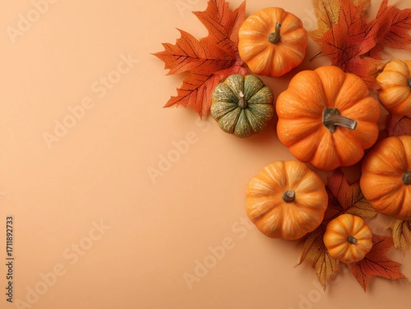 Fototapeta Background poster of pumpkins and autumn colored maple leaves isolated on a peach background with copy space for text. Suitable for halloween and autumn designs